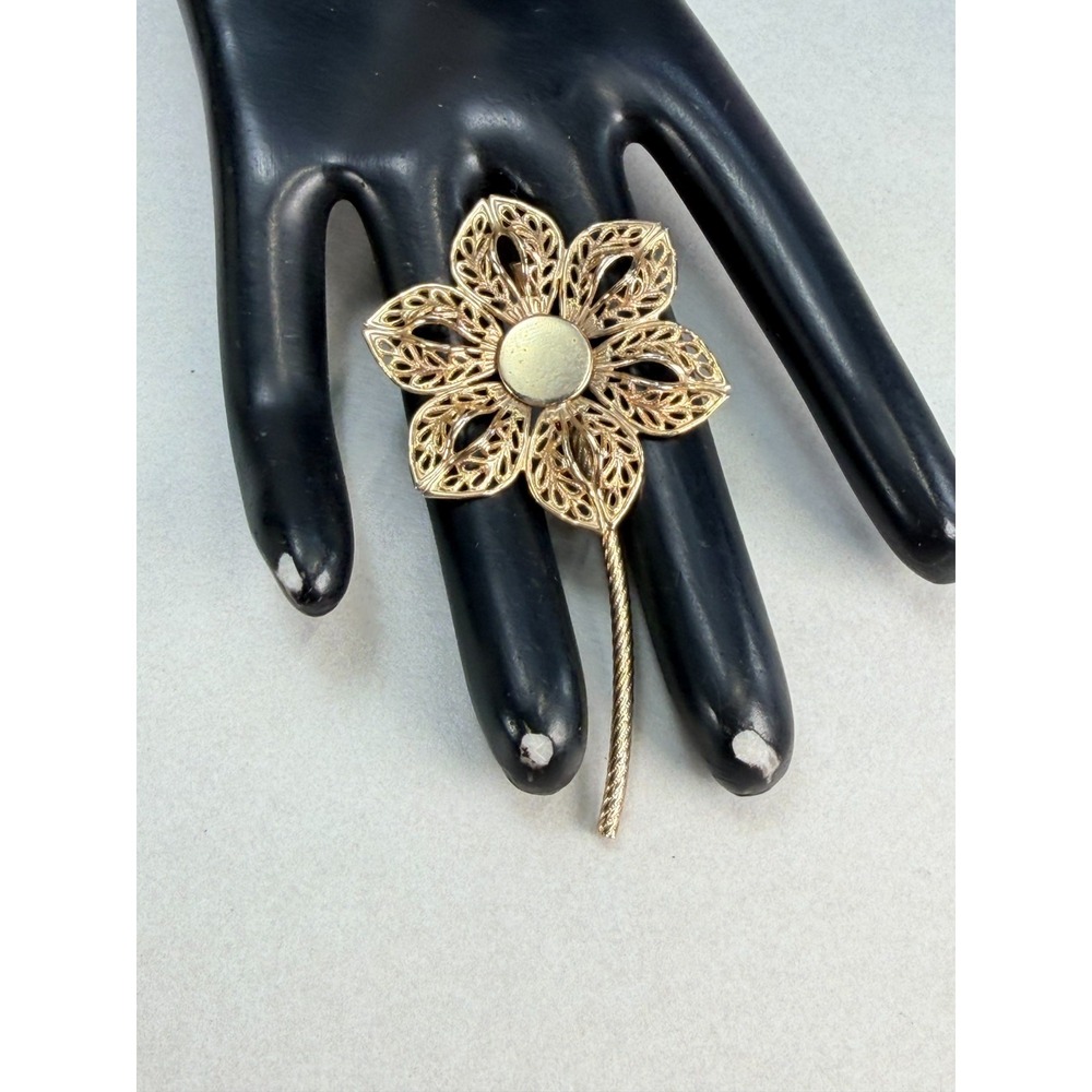 Vintage Gold Tone Filigree Flower Brooch Openwork Floral Statement Pin MCM